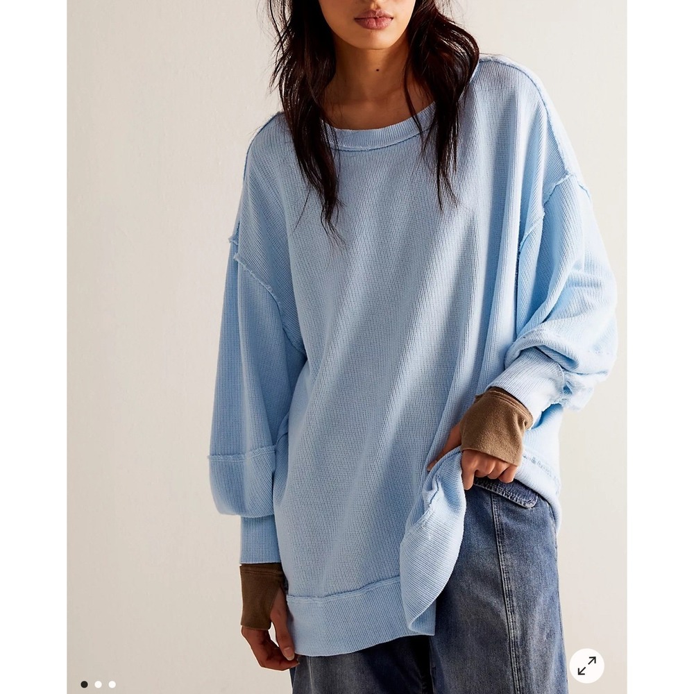 We The Free Downtown Free People Thermal Waffle Medium Blue Oversized Raw edge